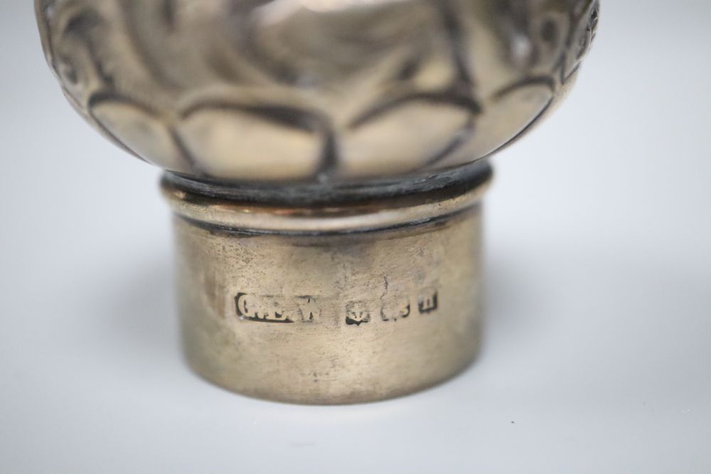 An Edwardian silver topped spherical hobnail cut glass scent bottle, Birmingham, 1907, height 12.5cm.